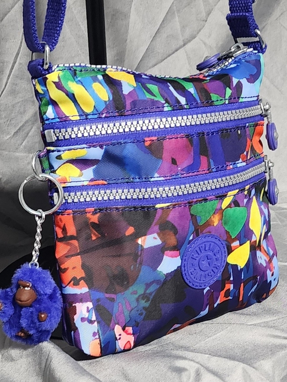 Kipling Alvar Bright Muticolored Geometric Pattern Nylon Crossbody Bag Purse